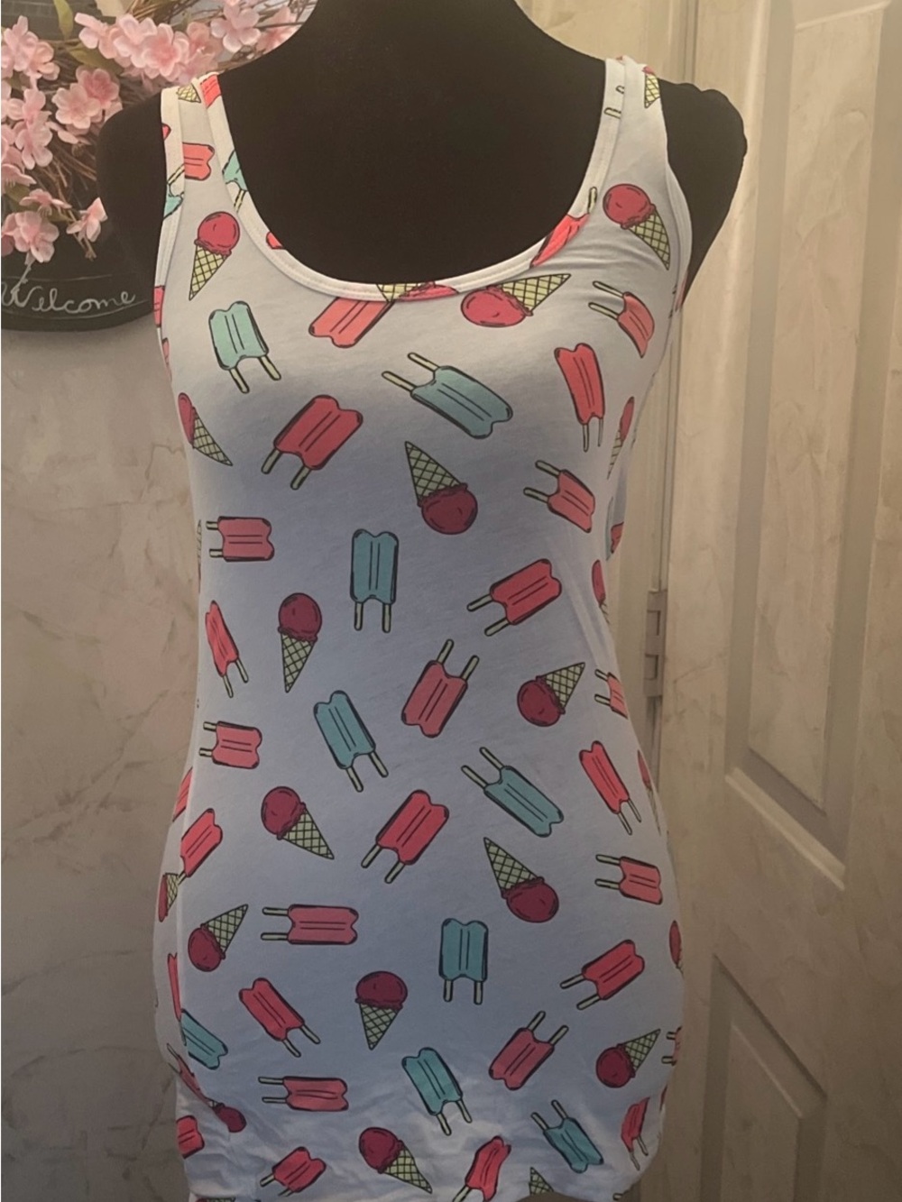 No Boundaries White Tank Top with Pink and Aqua Popsicle & Ice Cream Print